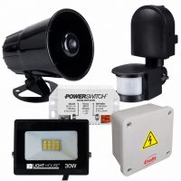 KIT ALARMA C/ SIRENA + REFLECTOR 30W CALIDO C/ SENSOR DE MOVIMIENTO COLOR NEGRO