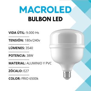 LAMPARA BULBON LED 38W E27 PVC 120X168MM MACROLED - Vista 2