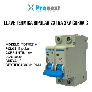 LLAVE TERMICA BIPOLAR 2X16A 3KA CURVA C PRONEXT - Vista 1