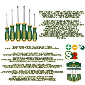 KIT DE DESTORNILLADORES - 6 PIEZAS - 3 PLANOS + 3 PHILLIPS 75/150MM JADEVER - Vista 2