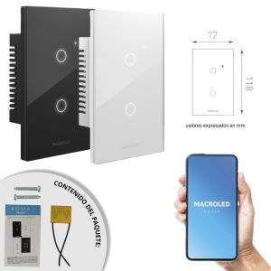 LLAVE LUZ PARED INTERRUPTOR WIFI TOUCH SMART 2 CANAL C/ CAPACITOR 7A MACROLED ROMA - Vista 8