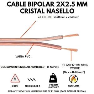 CABLE BIPOLAR 2X2.5 MM CRISTAL X METRO CONDUELEC - Vista 2