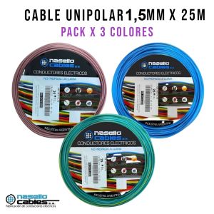 CABLE UNIPOLAR 1.5 MM X 25M PACK X 3 COLORES (MARRON - CELESTE - VERDE/AMARILLO) - Vista 1