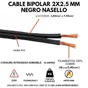 CABLE BIPOLAR 2X2.5 MM NEGRO X METRO CONDUELEC - Vista 1