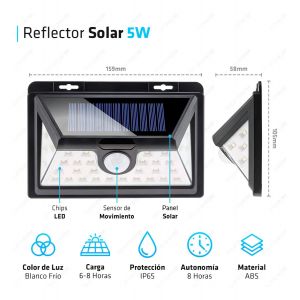 REFLECTORES LED SOLAR CANDELA 7388 5W SENSOR MOVIMIENTO NEGRO BLANCO FRíO - Vista 4