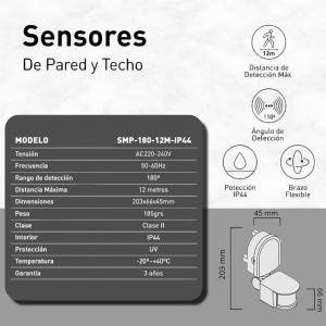 SENSOR DE MOVIMIENTO 180° PARED 1200W IP44 12 MTS DE ALCANCE MACROLED - Vista 3