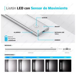 LISTON 40 CM RECARGABLE CON SENSOR 2W DIMERIZABLE CANDELA - Vista 5