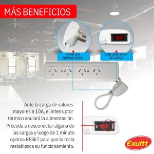 PROLONGADOR ZAPATILLA 4 TOMAS ESPECIAL C/CABLE 0.35 MTS EXULTT (OUTLET) - Vista 2