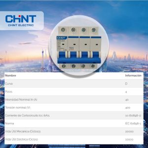 LLAVE TERMICA TETRAPOLAR 4X40A 10KA CURVA D CHINT - Vista 2