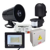 KIT ALARMA C/ SIRENA + REFLECTOR 50W CALIDO C/ SENSOR DE MOVIMIENTO COLOR NEGRO