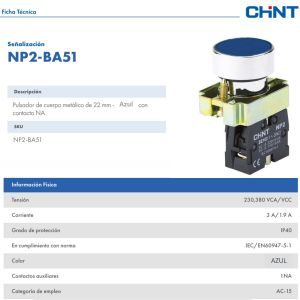 PULSADOR DE CUERPO METALICO DE 22 MM AZUL CON CONTACTO NA - Vista 2