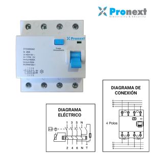 DISYUNTOR TETRAPOLAR 4X40A 30MA 6KA TIPO AC PRONEXT - Vista 2