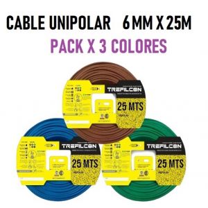 CABLE UNIPOLAR 6 MM TREFILCON X 25M PACK X 3 COLORES (MARRON - CELESTE - VERDE/AMARILLO) - Vista 1