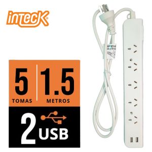 PROLONGADOR MULTIPLE 5 TOMAS + 2 USB BLANCO CON CABLE 1.5 MTS C/ PROTECTOR TERMICO - Vista 3