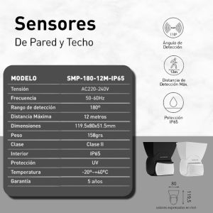 SENSOR DE MOVIMIENTO 180° PARED 1200W IP65 12 MTS DE ALCANCE MACROLED - Vista 3