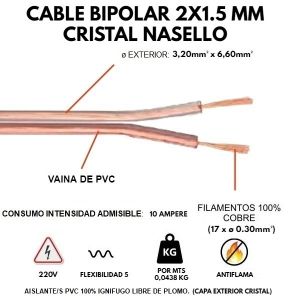 CABLE BIPOLAR 2X1.5 MM CRISTAL X METRO CONDUELEC - Vista 2