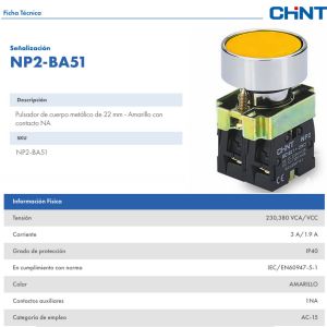 PULSADOR DE CUERPO METALICO DE 22 MM AMARILLO CON CONTACTO NA - Vista 2