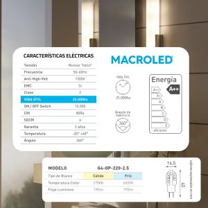 LAMPARA BIPIN OPAL G4 2.5W 220V MACROLED - Vista 7