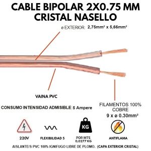 CABLE BIPOLAR 2X0.75 MM CRISTAL X METRO CONDUELEC - Vista 2