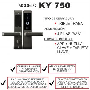 CERRADURA SMART DE TRIPLE TRABA HUELLA APP + CLAVE + TARJETA + LLAVE MECÁNICA PRONEXT - Vista 4