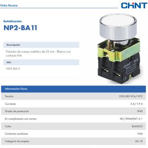 PULSADOR DE CUERPO METALICO DE 22 MM BLANCO CON CONTACTO NA - Vista 2