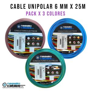 CABLE UNIPOLAR 6 MM X 25M PACK X 3 COLORES (MARRON - CELESTE - VERDE/AMARILLO) - Vista 1