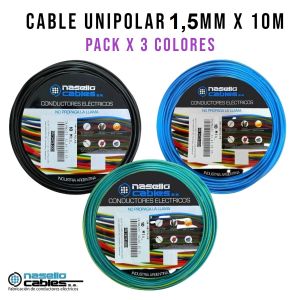 CABLE UNIPOLAR 1.5 MM X 10M PACK X 3 COLORES (NEGRO - CELESTE - VERDE/AMARILLO) - Vista 1