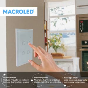 LLAVE LUZ PARED INTERRUPTOR WIFI TOUCH SMART 4 CANAL C/ CAPACITOR 7A MACROLED ROMA - Vista 7