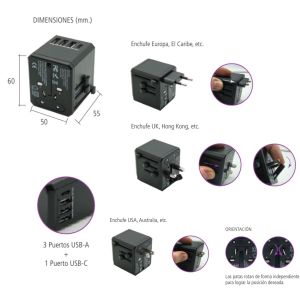 ADAPTADOR VIAJERO CON 3 PUERTOS USB-A + 1 PUERTO USB-C - COLOR NEGRO - Vista 5