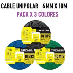 CABLE UNIPOLAR 6 MM TREFILCON X 10M PACK X 3 COLORES (NEGRO- CELESTE - VERDE/AMARILLO) - Vista 1