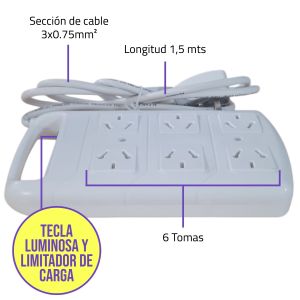 PROLONGADOR ZAPATILLA 6 TOMAS ESPECIAL C/CABLE 1.5 MTS EXULTT - Vista 4