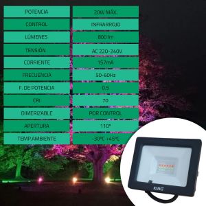 REFLECTOR LED 20W RGB KING 220V RGB+W C/ CONTROL REMOTO RF - Vista 6