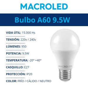 LAMPARA BULBO LED 9.5W E27 220V MACROLED - Vista 10