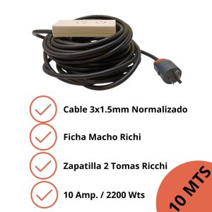 ALARGUE PROLONGADOR NEGRO 3X1.5 MM 10 MTS FICHAS RICHI DOBLE - Vista 2