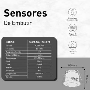 SENSOR DE MOVIMIENTO REDONDO 360° EMBUTIR 1200W 12 MTS ALCANCE MACROLED - Vista 2