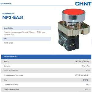 PULSADOR DE CUERPO METALICO DE 22 MM ROJO CON CONTACTO NA - Vista 2