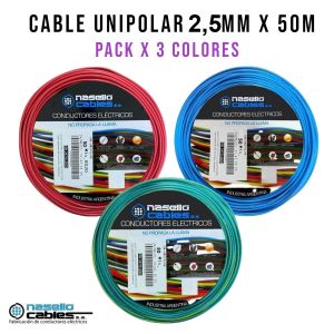 CABLE UNIPOLAR 2.5 MM X 50M PACK X 3 COLORES (ROJO - CELESTE - VERDE/AMARILLO) - Vista 1