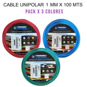 CABLE UNIPOLAR 1 MM X 100M PACK X 3 COLORES (ROJO- CELESTE - VERDE/AMARILLO) - Vista 1