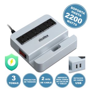 ZAPATILLA CON PROTECTOR DE TENSION + USB ESTABILIZADOR ALARGUE ATOMLUX - Vista 1