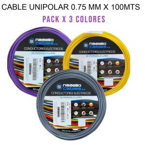 CABLE UNIPOLAR 0.75 MM X 100M PACK X 3 COLORES (GRIS - AMARILLO - VIOLETA) - Vista 1
