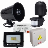 KIT ALARMA C/ SIRENA + REFLECTOR 20W CALIDO C/ SENSOR DE MOVIMIENTO COLOR NEGRO