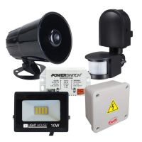 KIT ALARMA C/ SIRENA + REFLECTOR 10W CALIDO C/ SENSOR DE MOVIMIENTO COLOR NEGRO