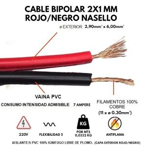 CABLE BIPOLAR 2X1 MM ROJO/NEGRO AUDIO X METRO CONDUELEC - Vista 2