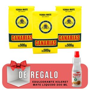 YERBA MATE CANARIAS 500 GR X 3 UNIDADES + EDULCORANTE HILERET MATE LIQUIDO 200 ML