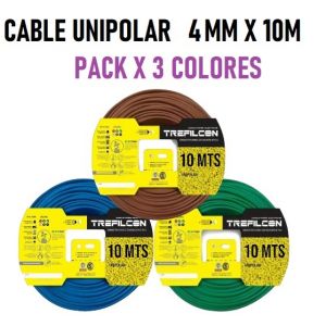 CABLE UNIPOLAR 4 MM TREFILCON X 10M PACK X 3 COLORES (MARRON - CELESTE - VERDE/AMARILLO) - Vista 1