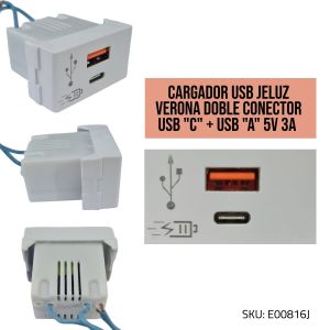 CARGADOR USB JELUZ VERONA DOBLE CONECTOR USB "C" + USB "A" 5V 3A (CARGA RAPIDA) BLANCO - Vista 2