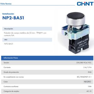 PULSADOR DE CUERPO METALICO DE 22 MM NEGRO CON CONTACTO NA - Vista 2