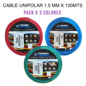 CABLE UNIPOLAR 1.5 MM X 100M PACK X 3 COLORES (ROJO - CELESTE - VERDE/AMARILLO) - Vista 1