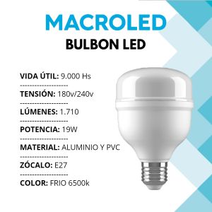 LAMPARA BULBON LED 19W E27 PVC 80X120MM MACROLED - Vista 2