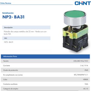 PULSADOR DE CUERPO METALICO DE 22 MM VERDE CON CONTACTO NA - Vista 2